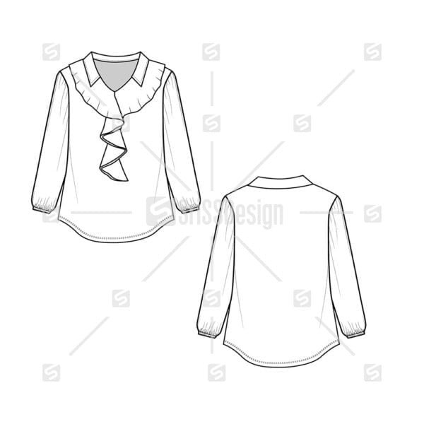 Collar with fancy neck ruffles top Blouse Fashion Flat Sketch drawing