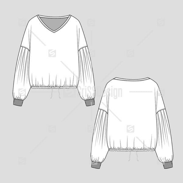 Women drop shoulder top tunnel drawstring gathering hem long sleeve cuffs loose fit sweatshirt