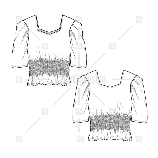 Women fashion  smoking blouse gathering sleeve top technical flat sketch drawing vector
