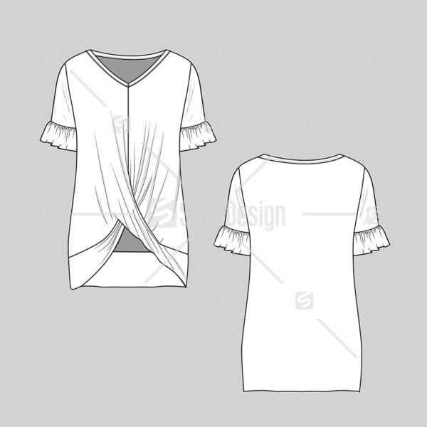Fashion twist top ruffles sleeve blouse flat sketch technical drawing