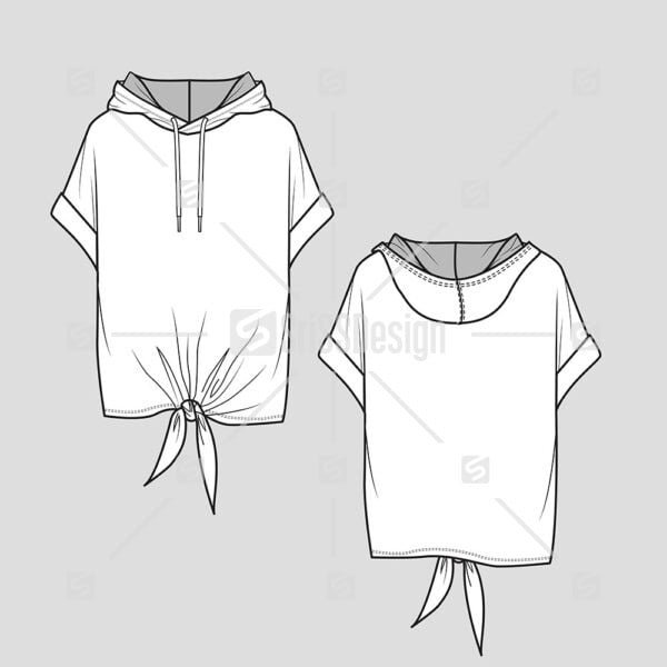 knotted sweatshirt roll up sleeve hoodie fashion flat sketch template