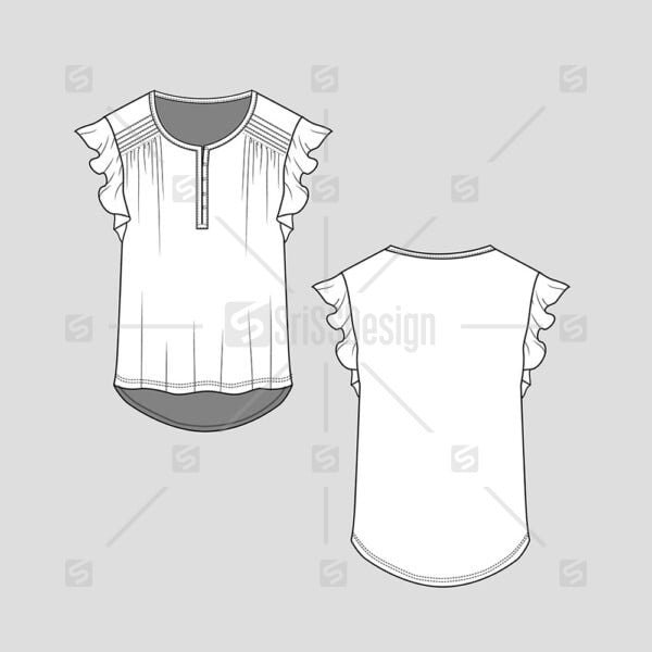 Henley Pleated ruffles sleeve top Gathering top flat sketch template