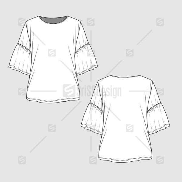 loose fit ruffles bell sleeve crew neck t-shit top technical flat sketch drawing