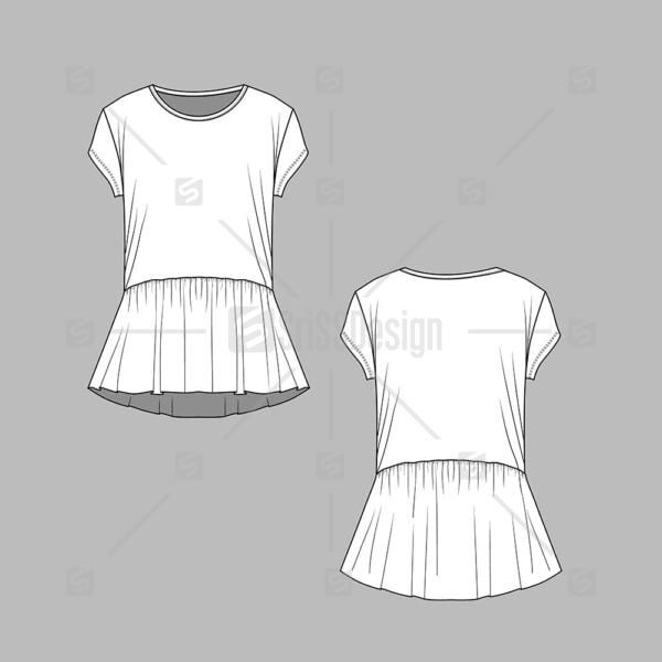 Peplum t shirt top gathering ruffles hem cad fashion flat sketch