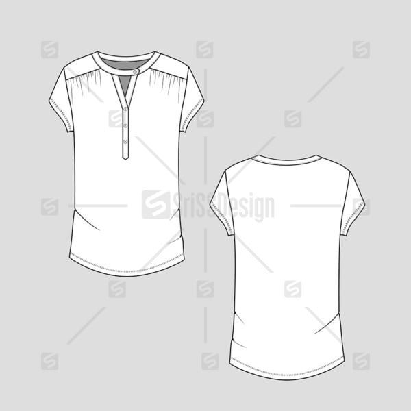 Henley neck button placket t-shirt flat sketch drawing template
