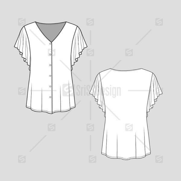 Ruffles sleeve v neck Full Open button panel top flat sketch drawing