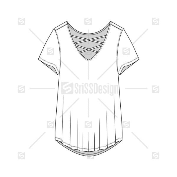 Women v neck t-shirt with  crisscross neckline top flat sketch design vector