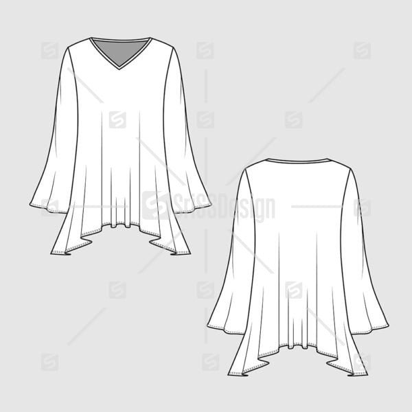 fashion Asymmetrical hem v neck blouse  top flat Sketch drawing templates