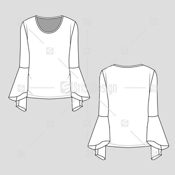 women Fashion bell sleeve ruffles crew neck flat sketch drawing template design vector