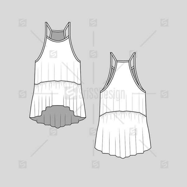 Fashion Cami top ruffles dip hem flat sketch cad technical drawing